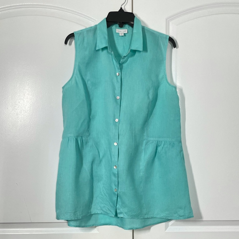 J Jill 100% Linen Turquoise Blue Button Down Tunic size SP